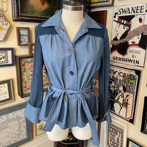 70s Vintage Two-Tone Blue Denim A-Line Jacket with Belt Long Sleeve Pockets